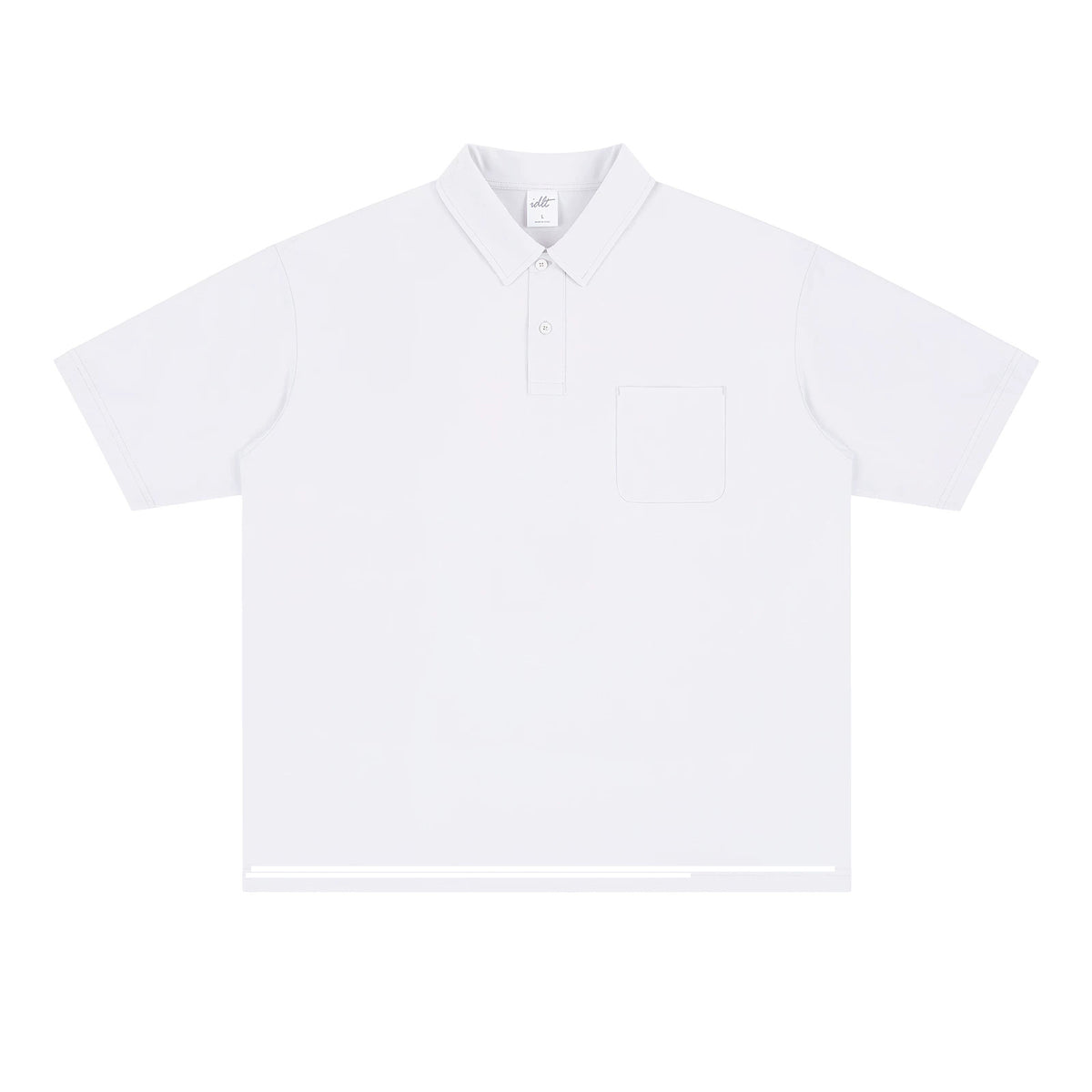 IDLT polo shirt, white front.