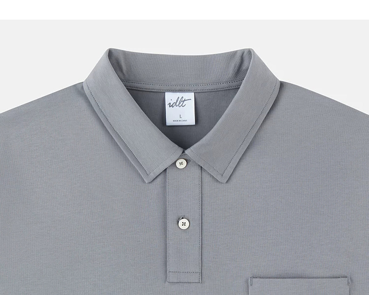 IDLT polo shirt, gray collar and placket.