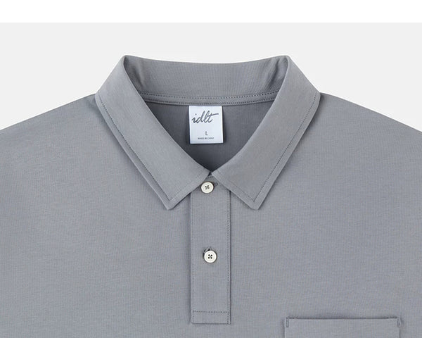 IDLT polo shirt, gray collar and placket.