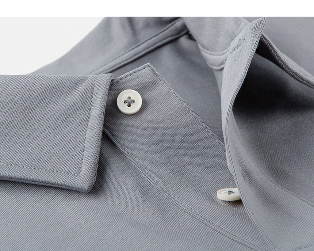 IDLT polo shirt, gray collar stitching and buttons.