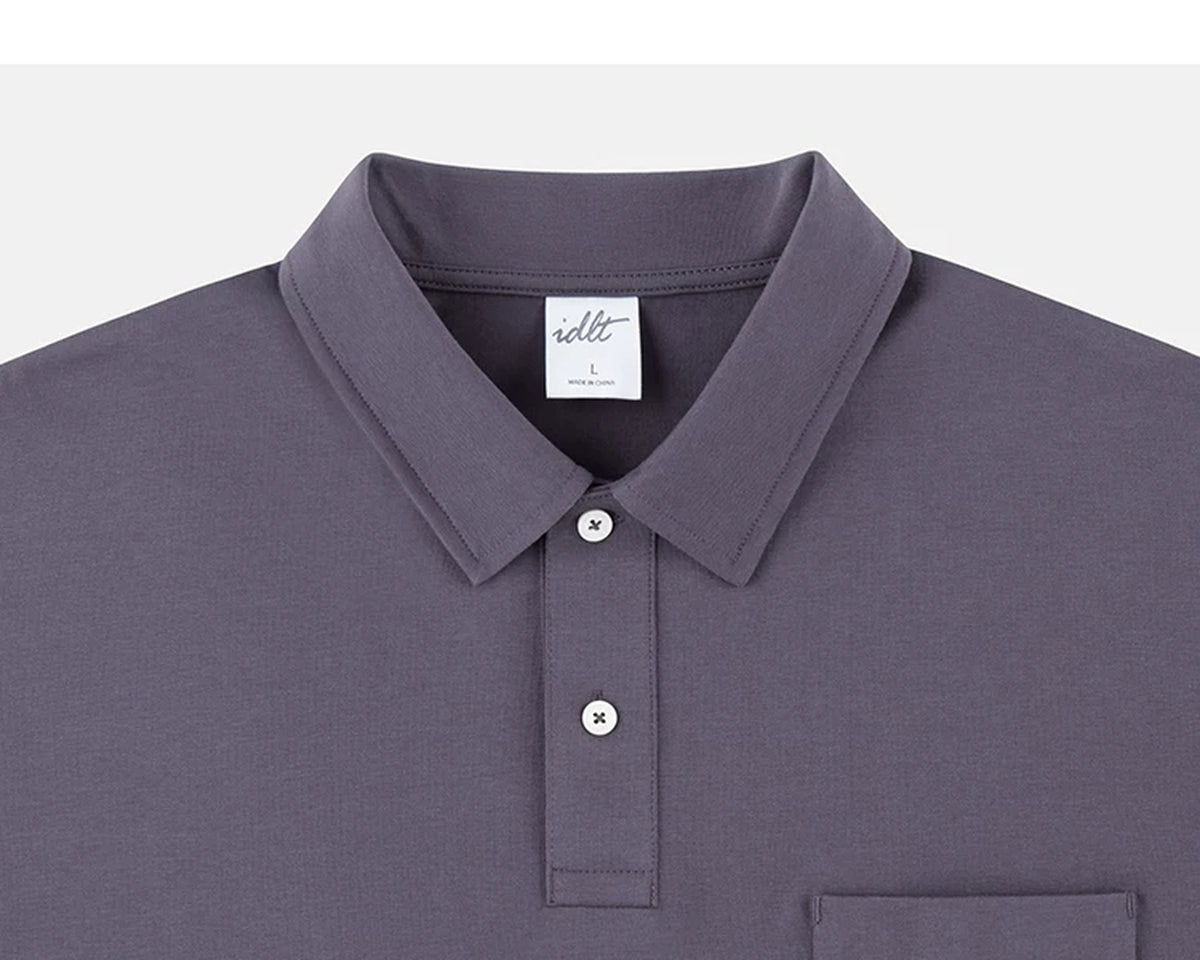 IDLT polo shirt, gray purple collar and placket.