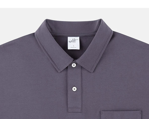 IDLT polo shirt, gray purple collar and placket.