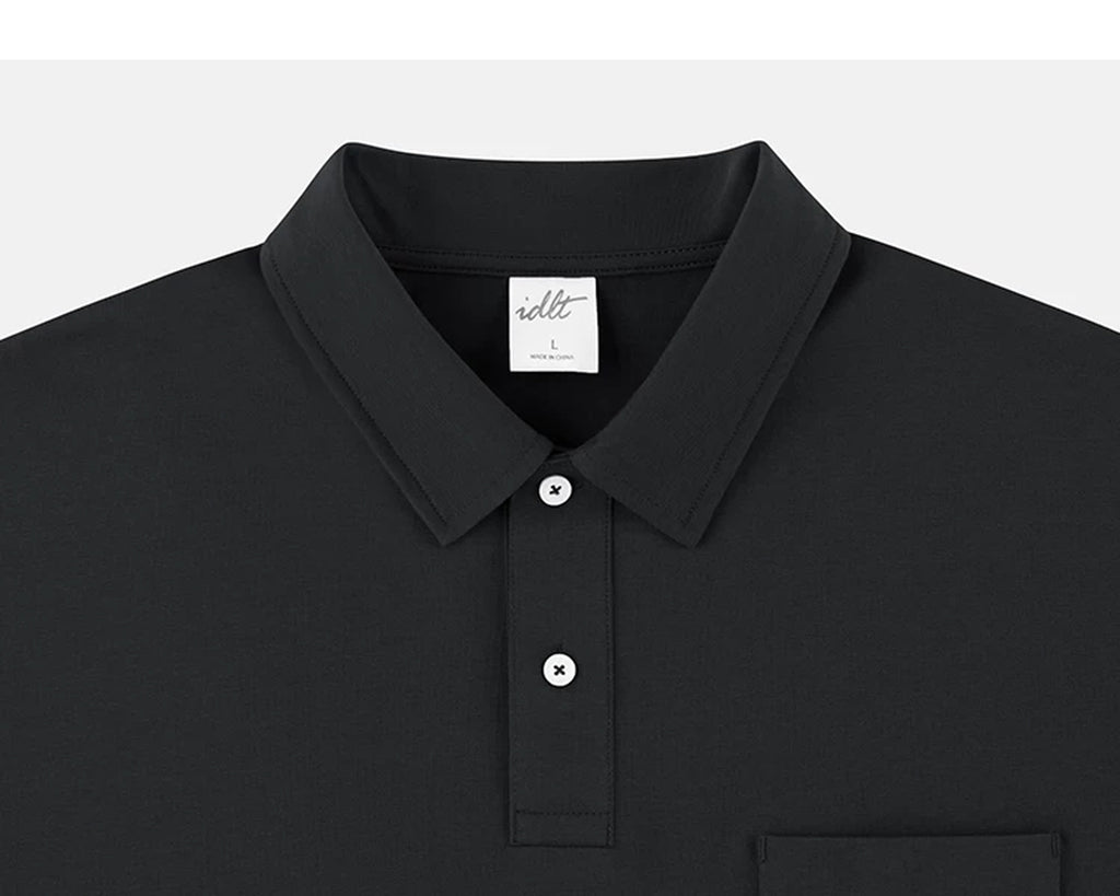 IDLT polo shirt, black collar and placket.
