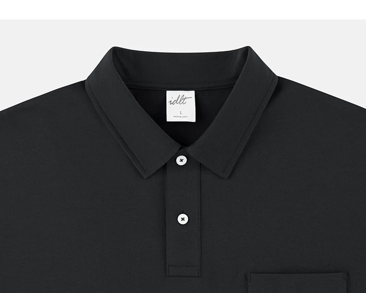 IDLT polo shirt, black collar and placket.