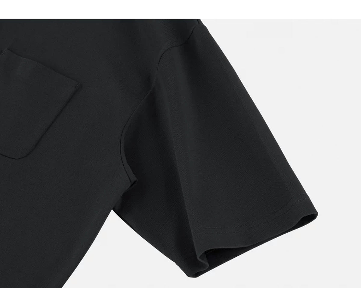 IDLT polo shirt, black sleeve.