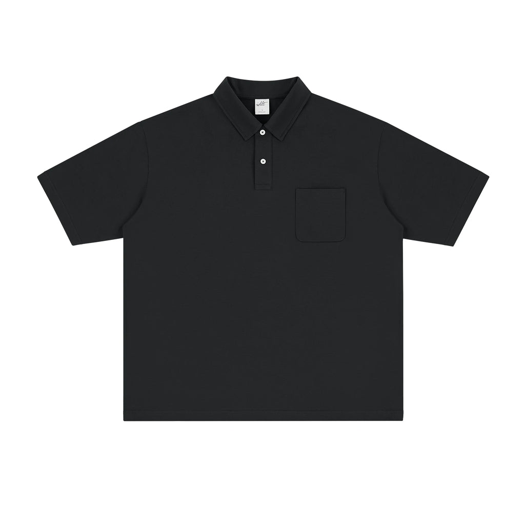 Drop-Shoulder Pocket Polo, black front view.