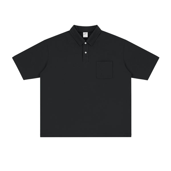 Drop-Shoulder Pocket Polo, black front view.