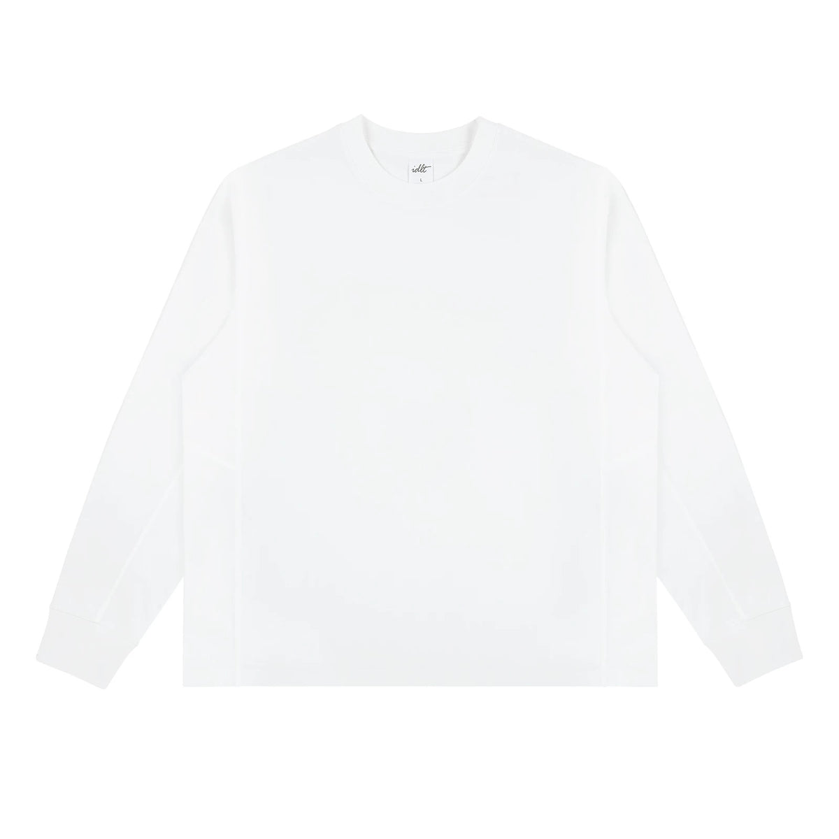 IDLT long sleeve T-shirt, white front.