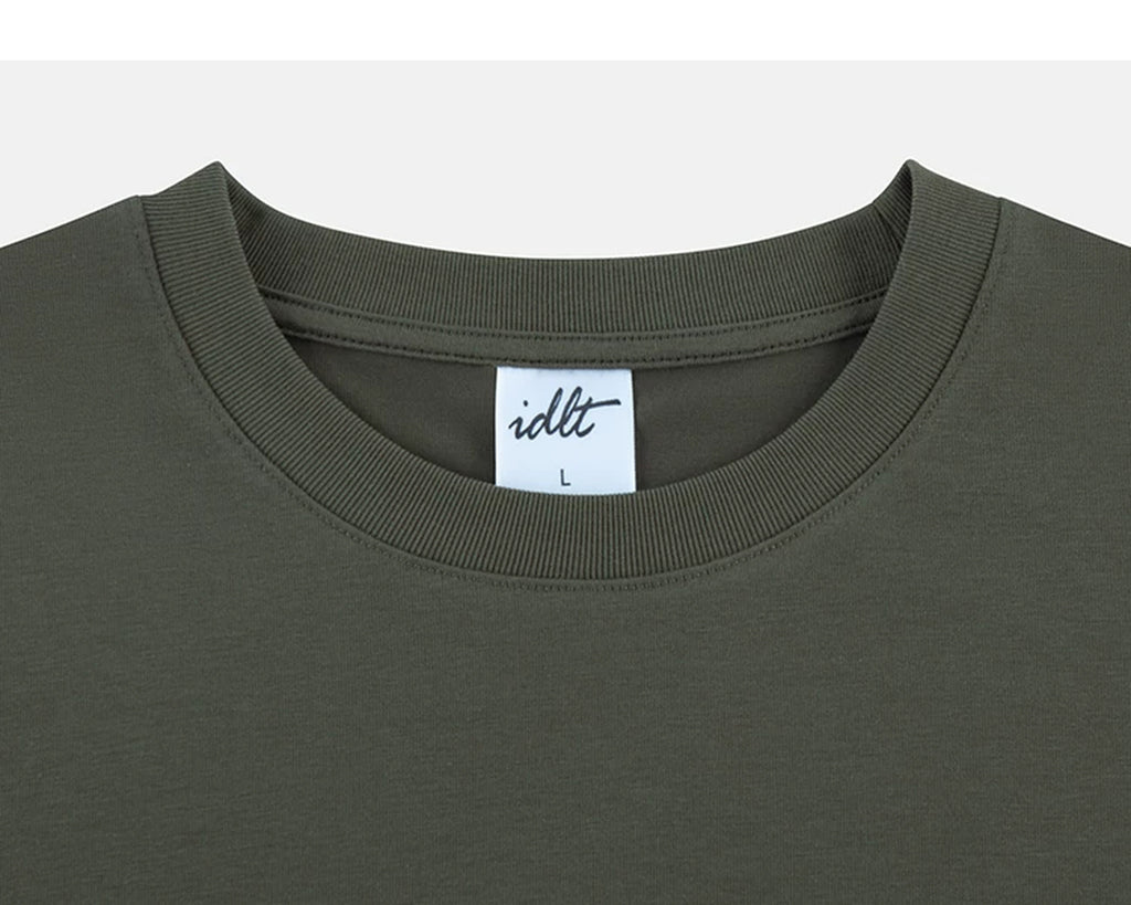 IDLT T-shirt, olive crewneck.