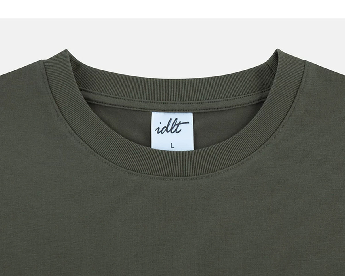 IDLT T-shirt, olive crewneck.