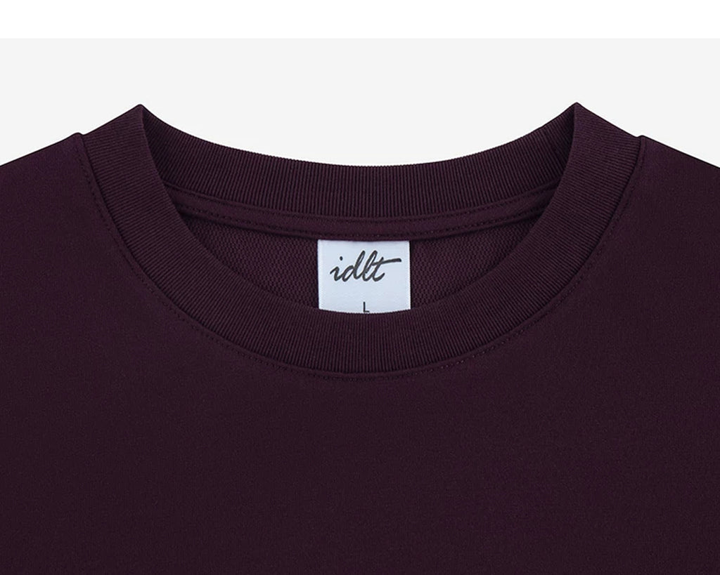 IDLT T-shirt, burgundy crewneck.
