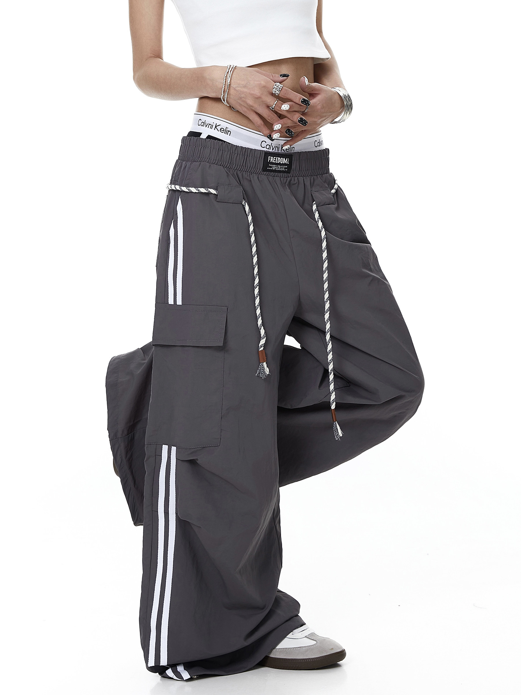 Rope-Waist Contrast Stripe Parachute Cargo Pants