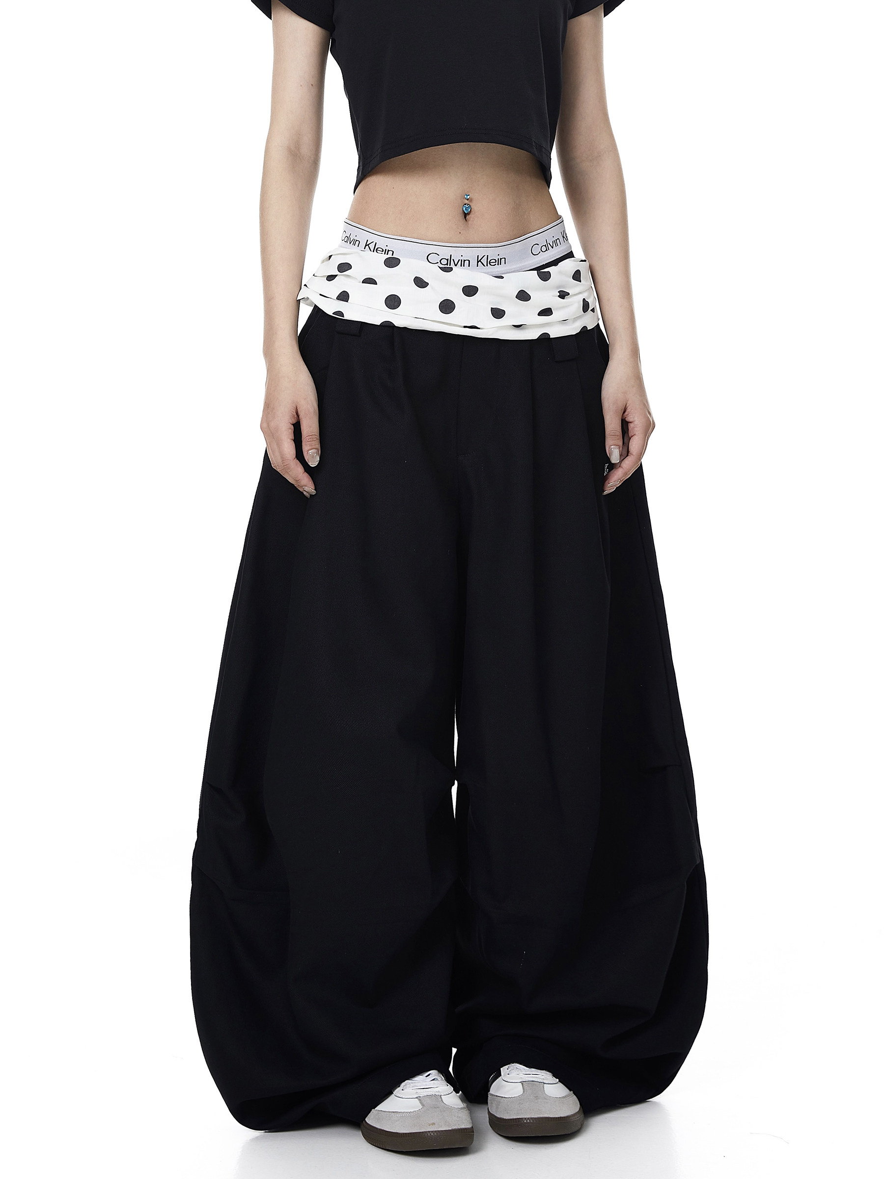 Polka Dot Fold-Over Waist Parachute Pants
