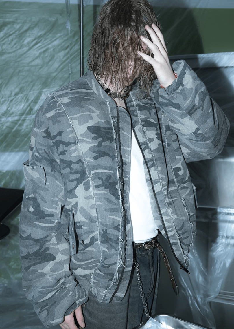 Camouflage Thickened Destroyed Loose Bomber Jacket - COPPING THREADS - TRECLUB