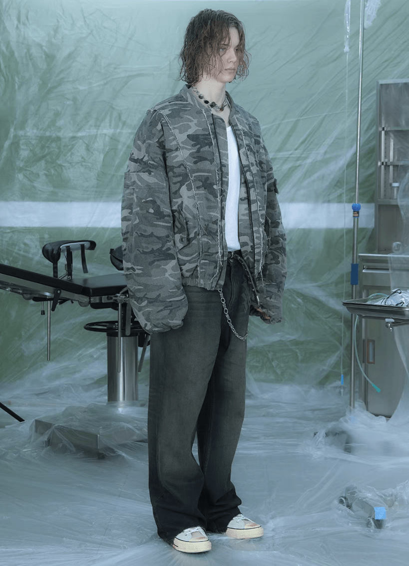 Camouflage Thickened Destroyed Loose Bomber Jacket - COPPING THREADS - TRECLUB