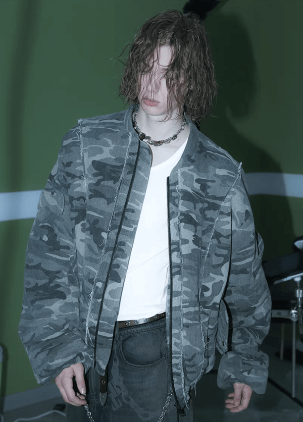 Camouflage Thickened Destroyed Loose Bomber Jacket - COPPING THREADS - TRECLUB