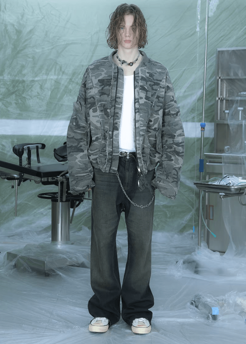 Camouflage Thickened Destroyed Loose Bomber Jacket - COPPING THREADS - TRECLUB