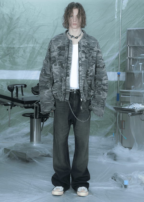 Camouflage Thickened Destroyed Loose Bomber Jacket - COPPING THREADS - TRECLUB