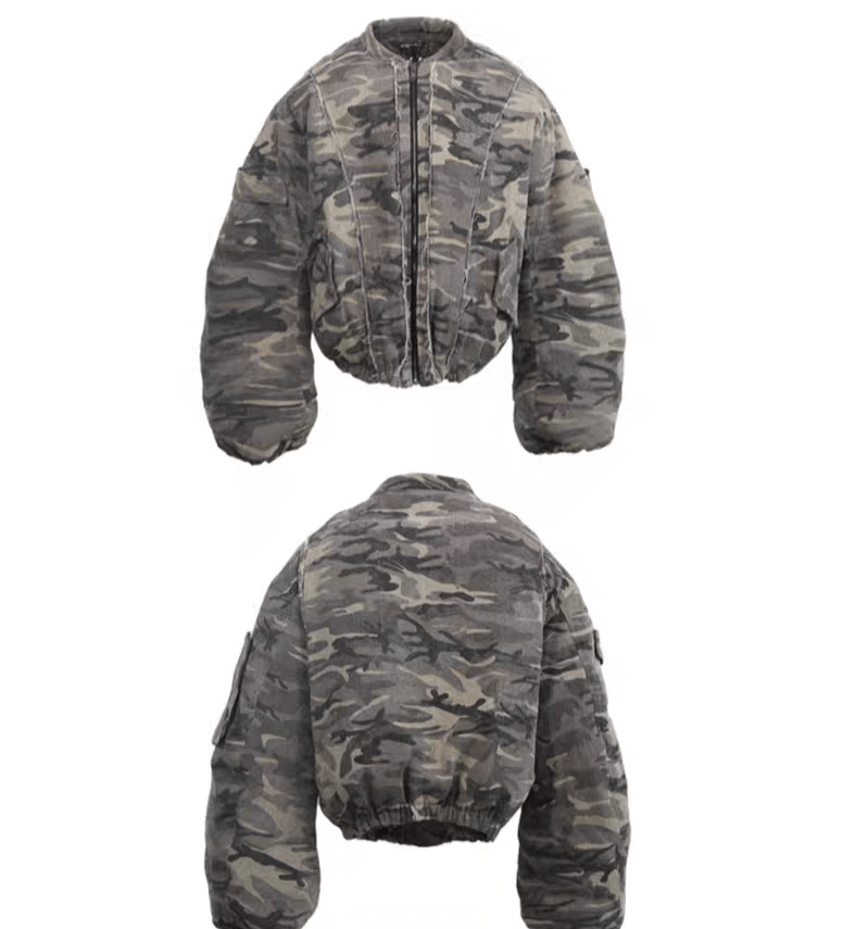 Camouflage Thickened Destroyed Loose Bomber Jacket - COPPING THREADS - TRECLUB