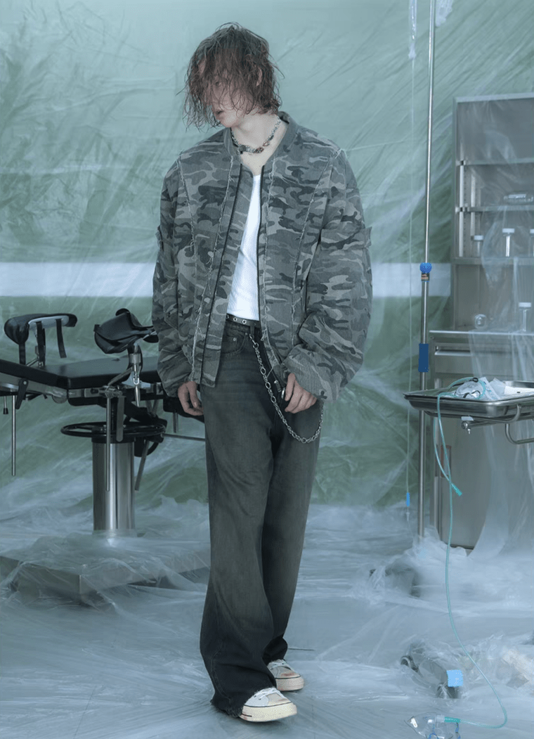 Camouflage Thickened Destroyed Loose Bomber Jacket - COPPING THREADS - TRECLUB