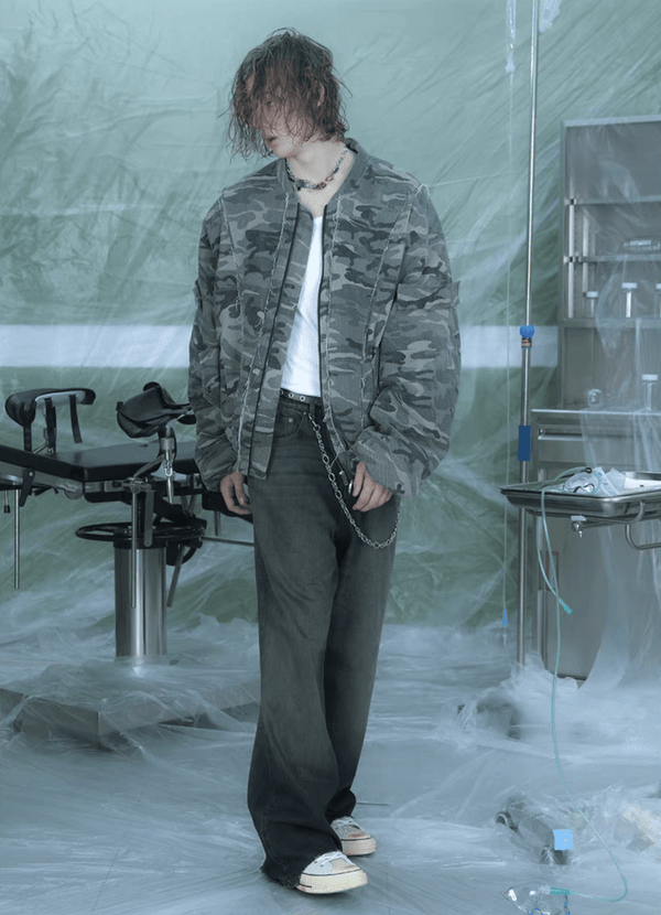 Camouflage Thickened Destroyed Loose Bomber Jacket - COPPING THREADS - TRECLUB