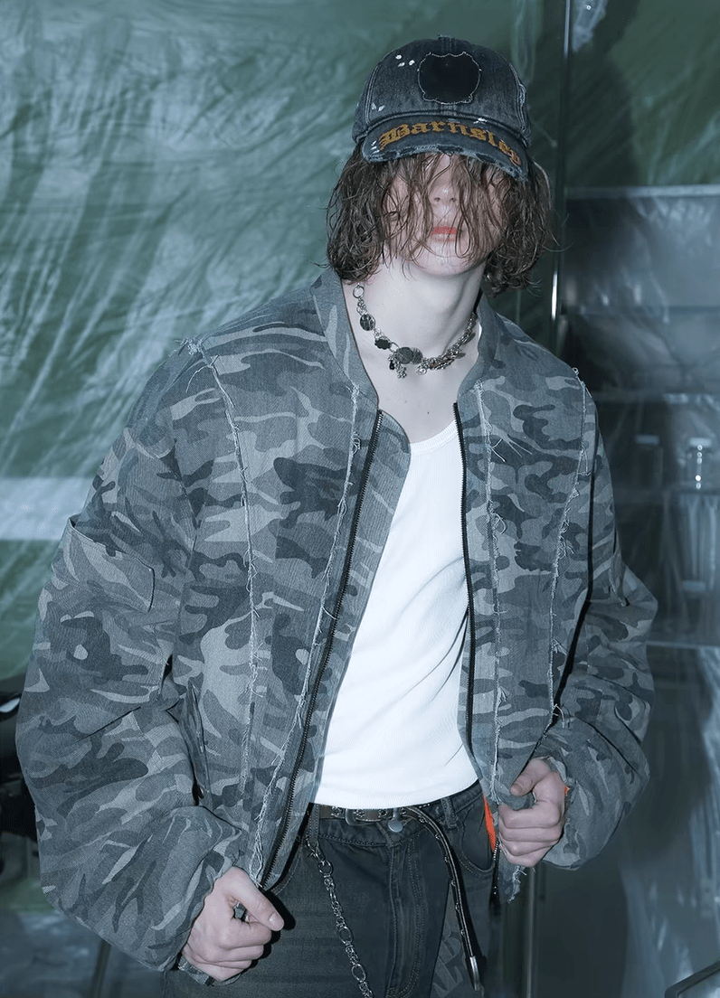 Camouflage Thickened Destroyed Loose Bomber Jacket - COPPING THREADS - TRECLUB