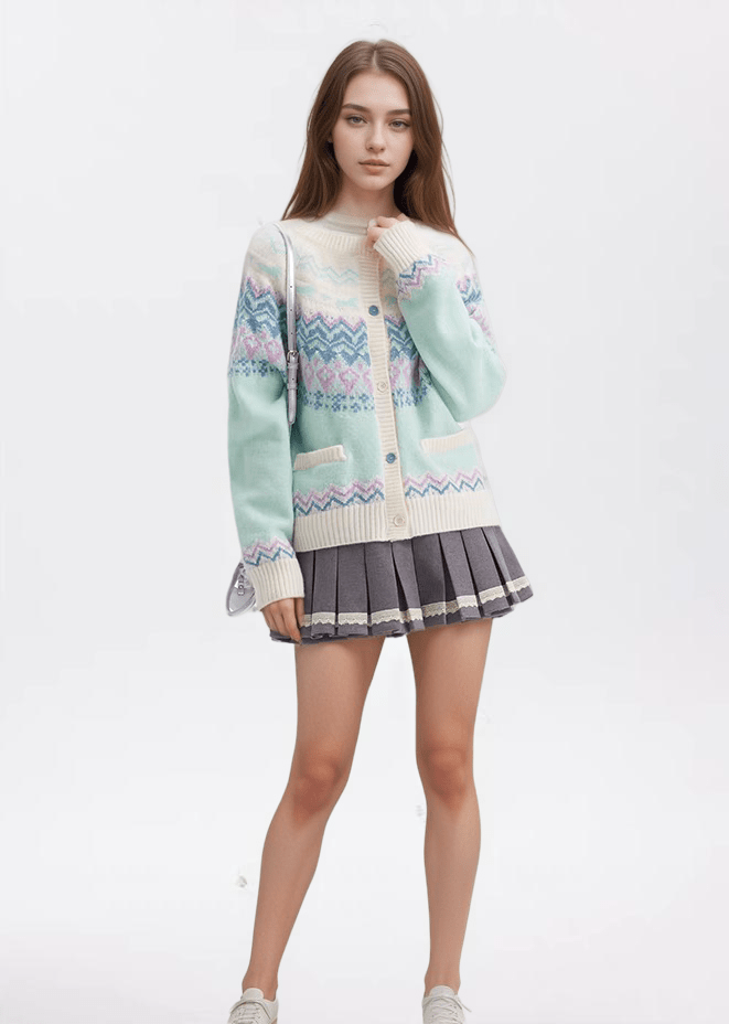 Candy Color Heart Pony Fair Isle Knitted Cardigan Sweater - COPPING THREADS - CHICISLAND