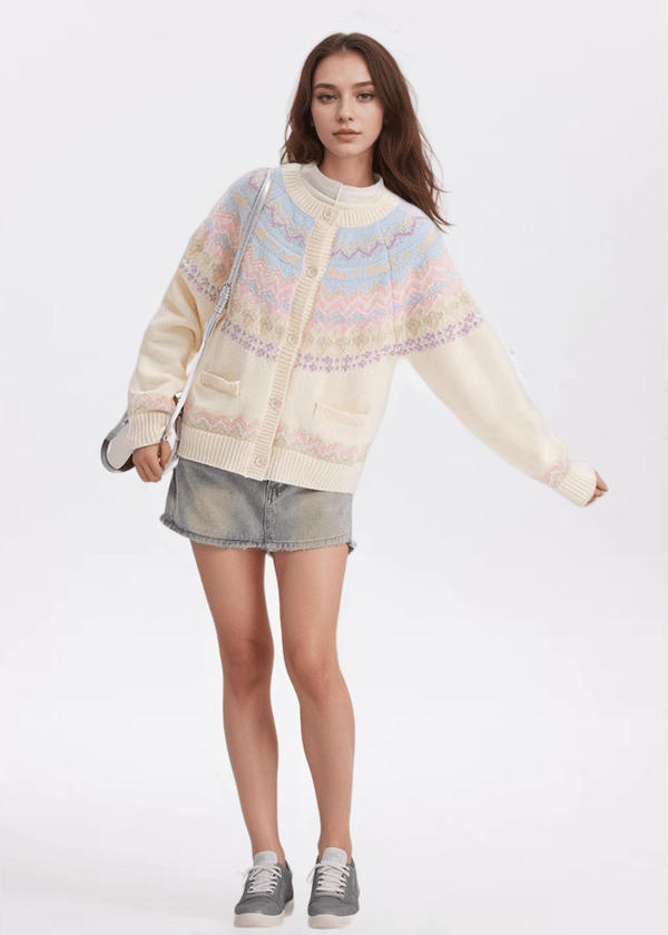 Candy Color Heart Pony Fair Isle Knitted Cardigan Sweater - COPPING THREADS - CHICISLAND