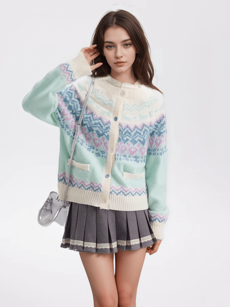 Candy Color Heart Pony Fair Isle Knitted Cardigan Sweater - COPPING THREADS - CHICISLAND