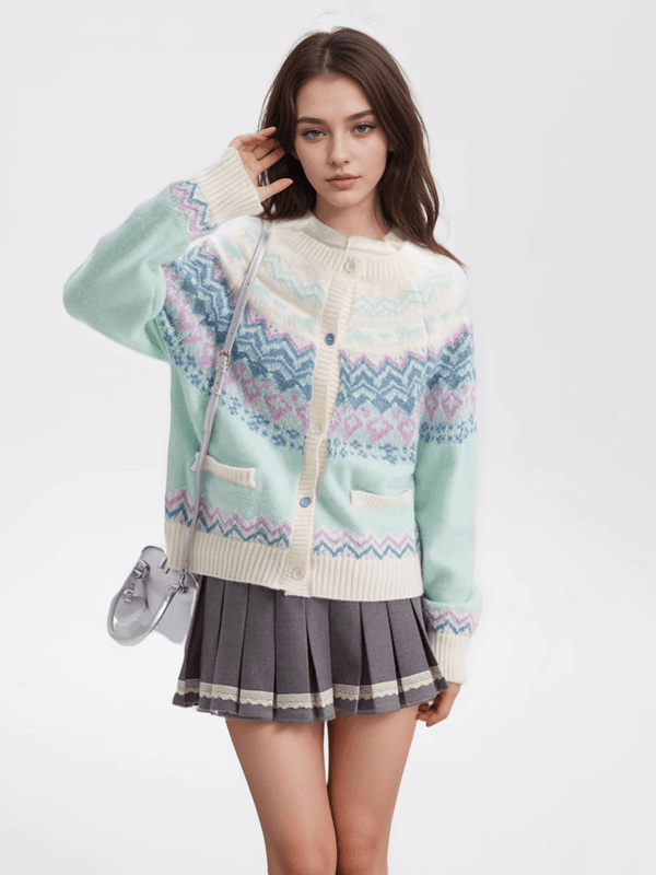 Candy Color Heart Pony Fair Isle Knitted Cardigan Sweater - COPPING THREADS - CHICISLAND
