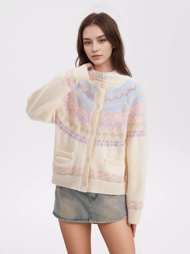 Candy Color Heart Pony Fair Isle Knitted Cardigan Sweater - COPPING THREADS - CHICISLAND Hover Image