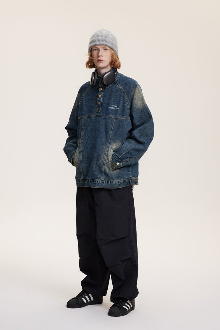 CATTEE Distressed Stand Collar Denim Jacket - COPPING THREADS - CATTEE