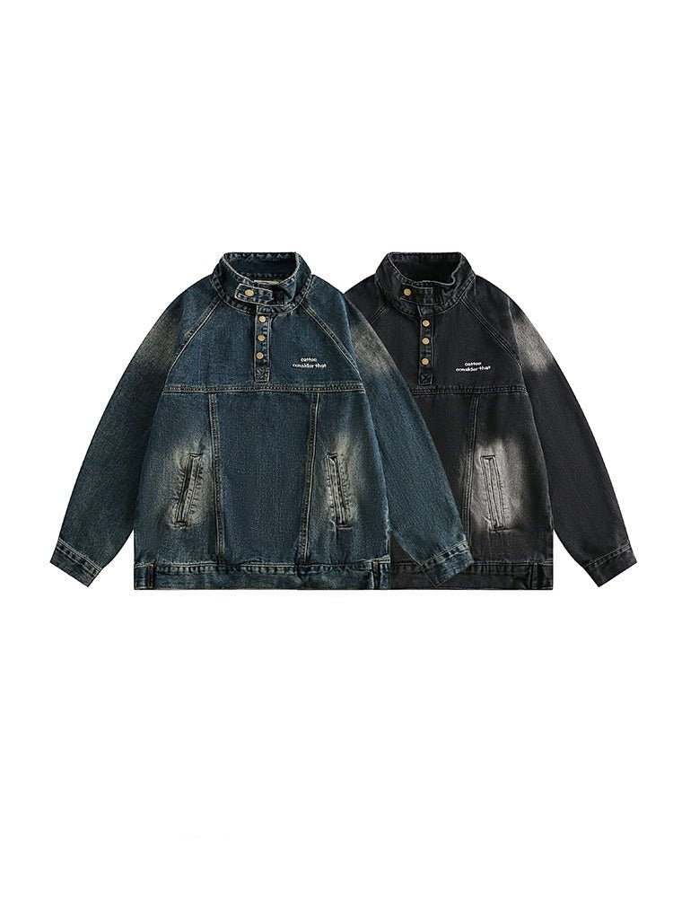 CATTEE Distressed Stand Collar Denim Jacket - COPPING THREADS - CATTEE