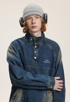 CATTEE Distressed Stand Collar Denim Jacket - COPPING THREADS - CATTEE