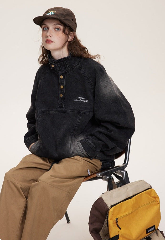 CATTEE Distressed Stand Collar Denim Jacket - COPPING THREADS - CATTEE