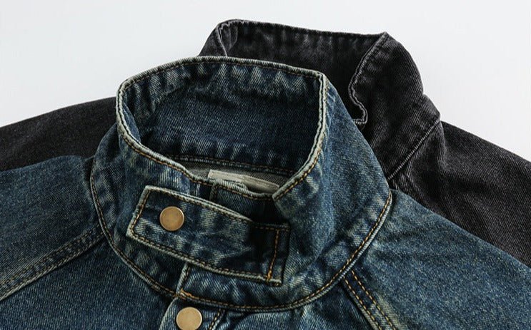 CATTEE Distressed Stand Collar Denim Jacket - COPPING THREADS - CATTEE