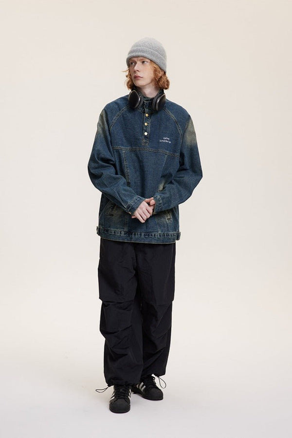 CATTEE Distressed Stand Collar Denim Jacket - COPPING THREADS - CATTEE