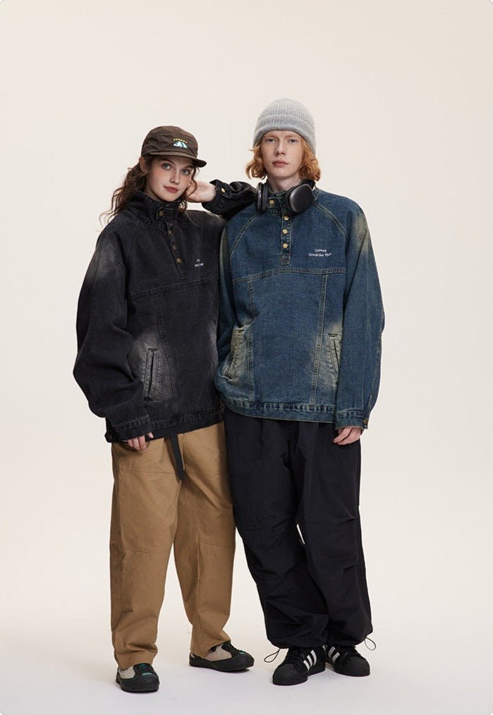 CATTEE Distressed Stand Collar Denim Jacket - COPPING THREADS - CATTEE