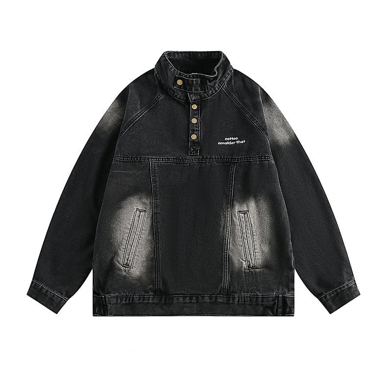CATTEE Distressed Stand Collar Denim Jacket - COPPING THREADS - CATTEE