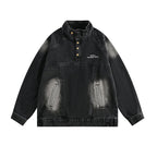 CATTEE Distressed Stand Collar Denim Jacket - COPPING THREADS - CATTEE