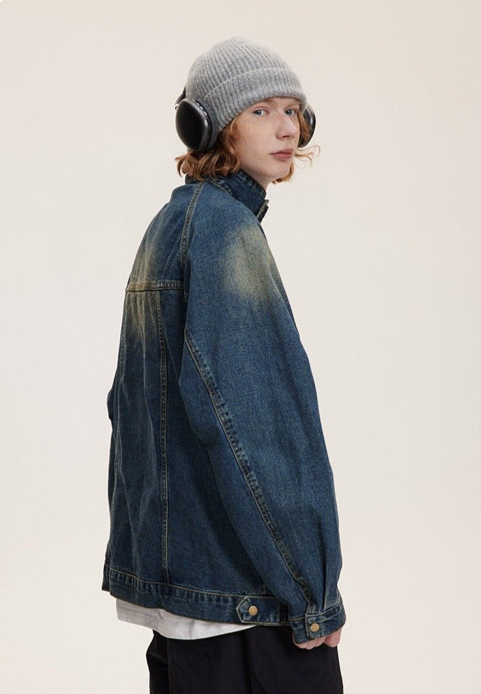 CATTEE Distressed Stand Collar Denim Jacket - COPPING THREADS - CATTEE