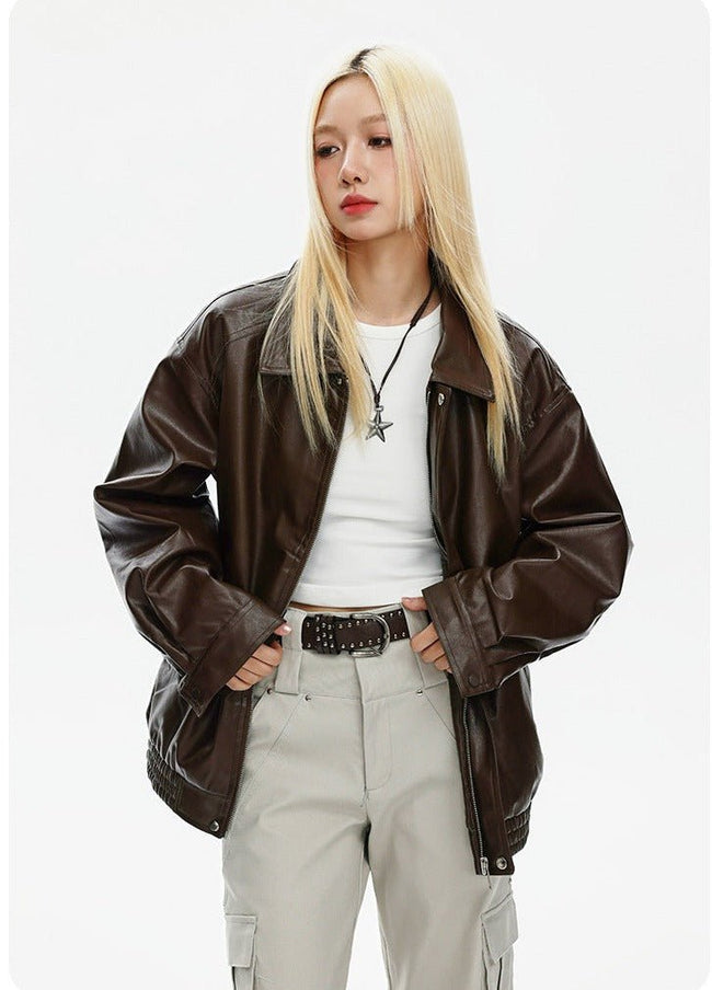CATTEE Retro motorcycle Lapel Leather Jacket - COPPING THREADS - CATTEE Hover Image