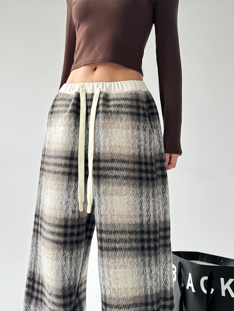 Plaid Fleece-Lined Wide-Leg Pants