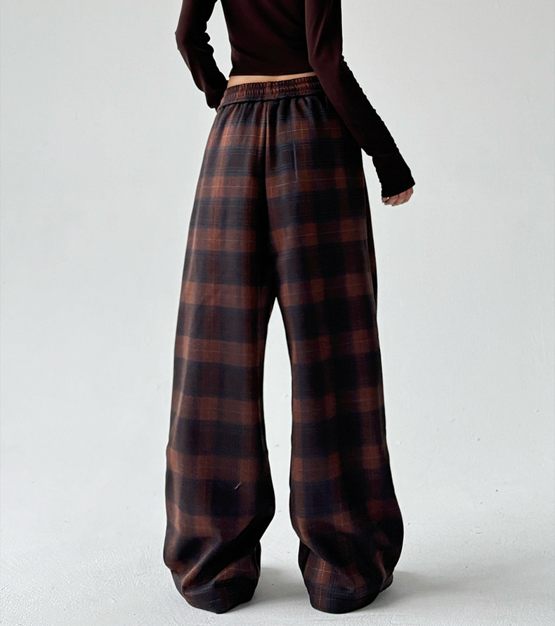 Vintage Plaid Fleece-Lined Wide-Leg Pants