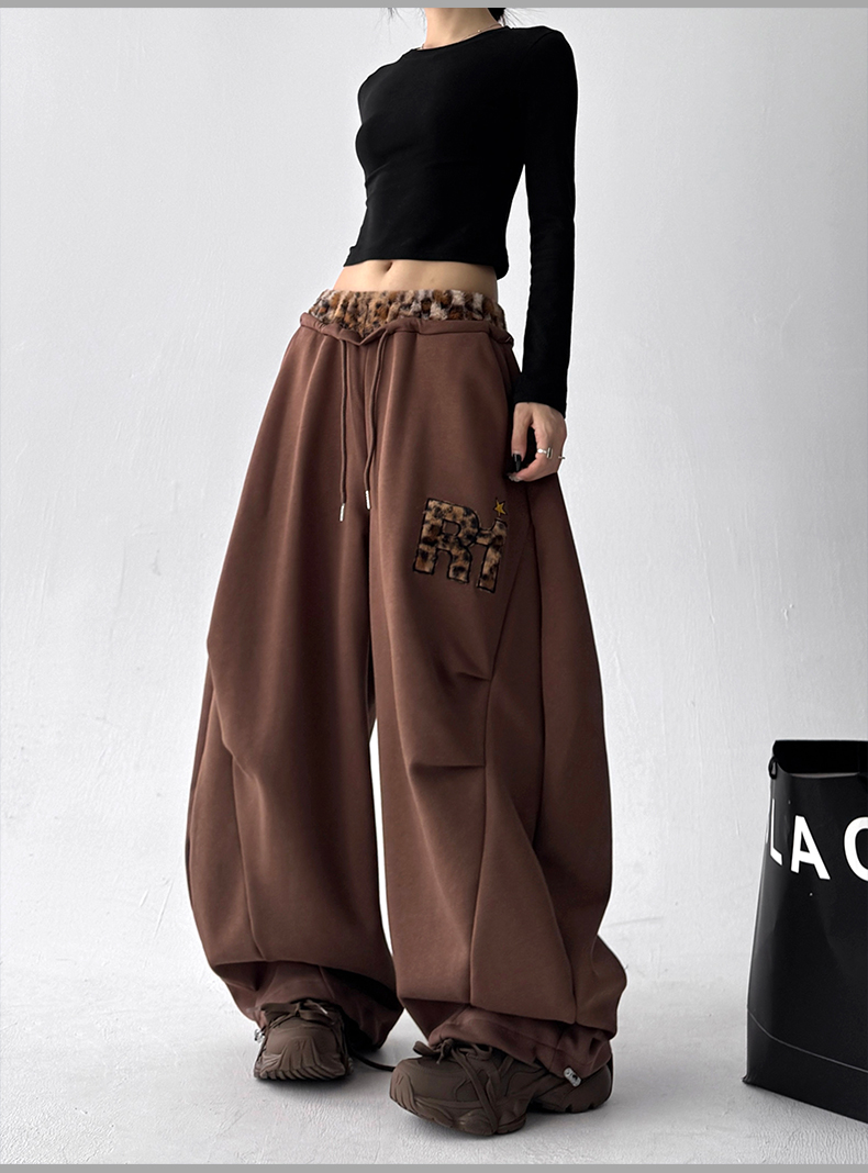 Leopard‑Trim Baggy Wide‑Leg Sweatpants
