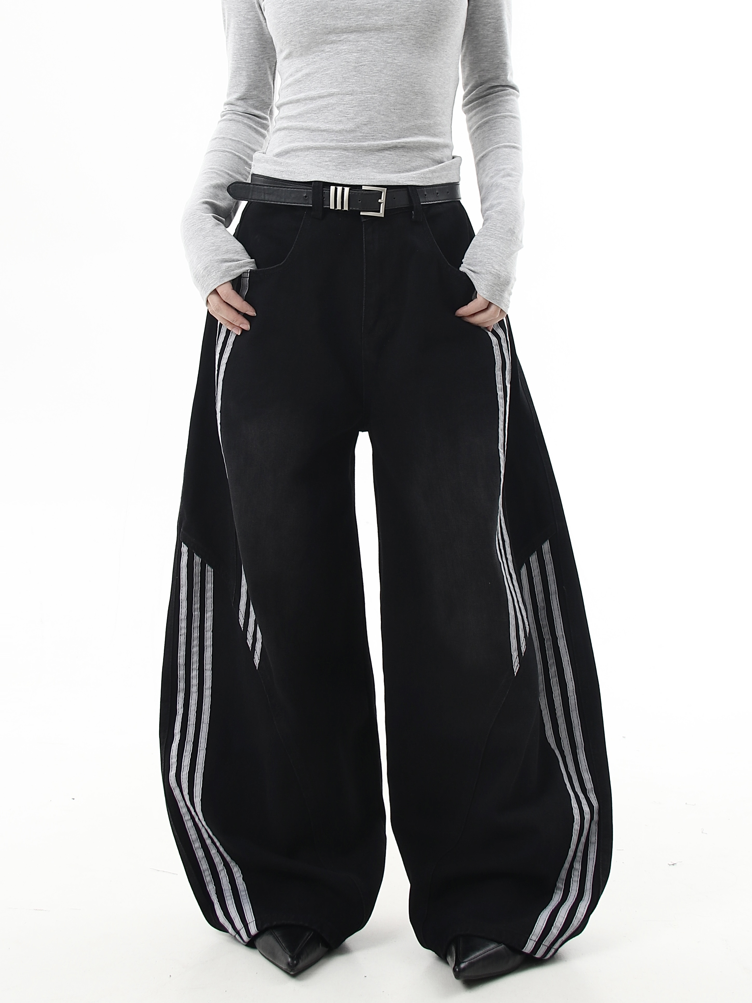 Deconstructed Triple‑Stripe Wide‑Leg Jeans