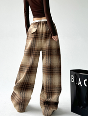 Plaid Fleece-Lined Wide-Leg Pants
