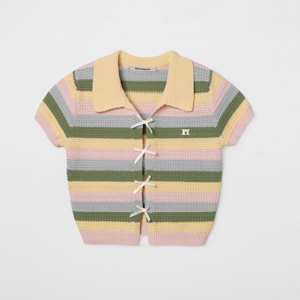 【Clearance Sale】Striped Color Block Ribbon Bow Knit Polo Shirt - COPPING THREADS - MOROMORO