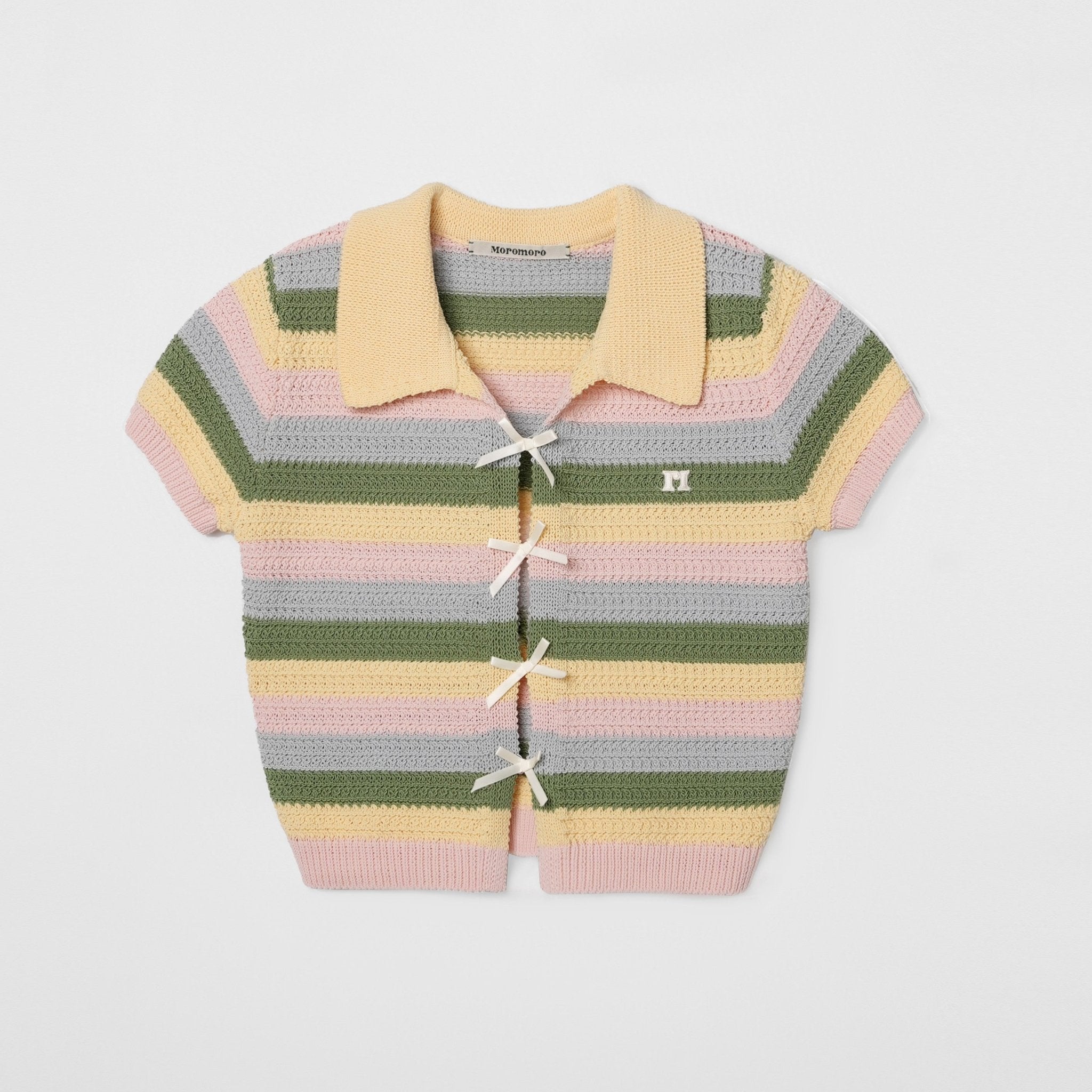 【Clearance Sale】Striped Color Block Ribbon Bow Knit Polo Shirt - COPPING THREADS - MOROMORO