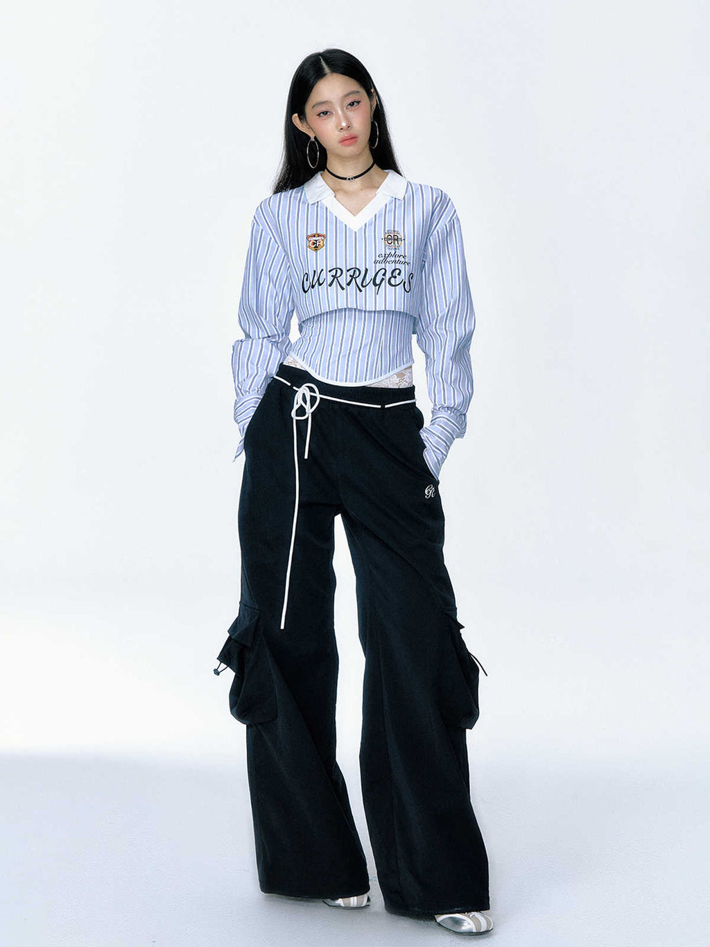 【Clearance Sale】Striped V - Neck Long Sleeve Shirt and Bustier Two - Piece Set - COPPING THREADS - CT Select